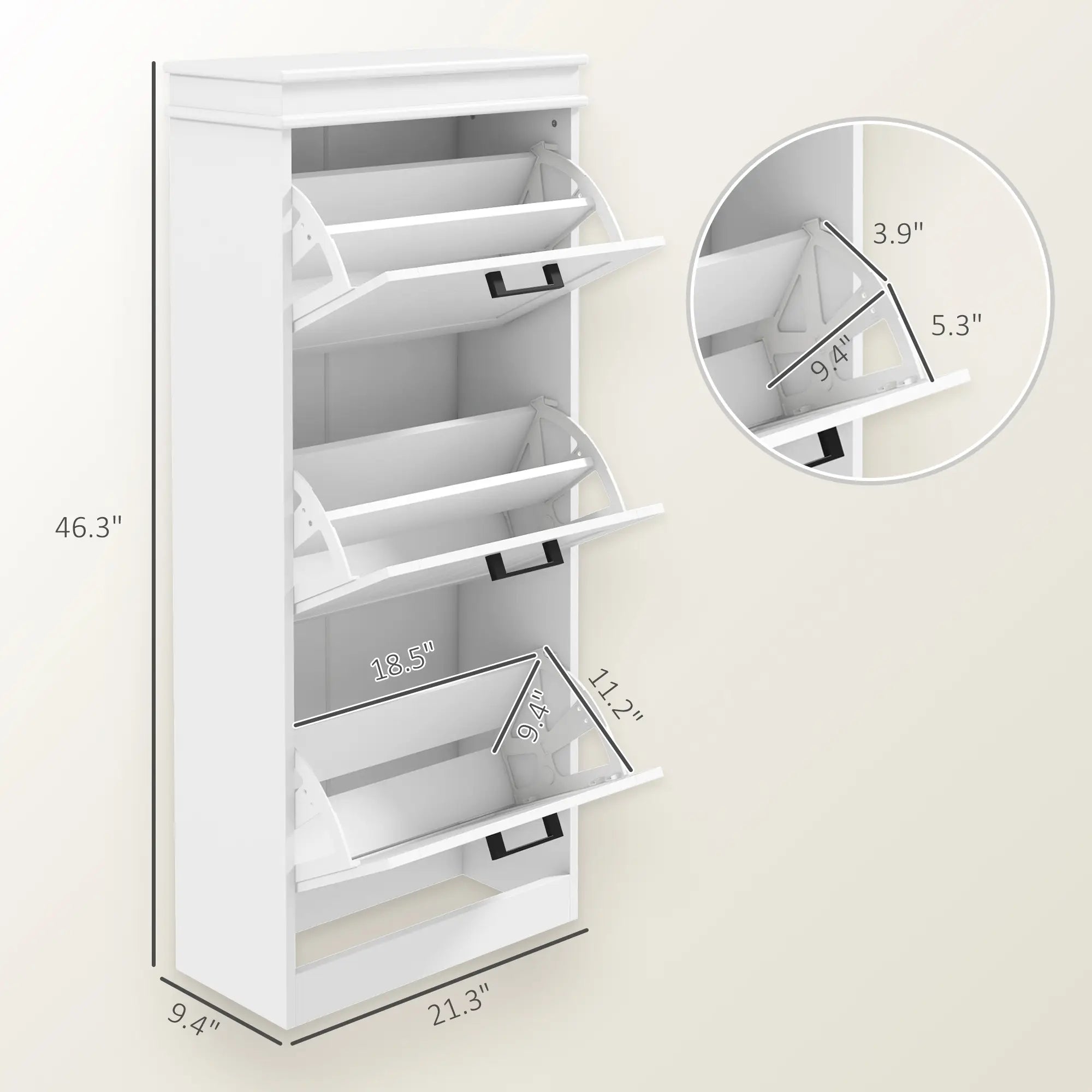 46.25" Narrow Shoe Storage Cabinet with 3 Flip Drawers and Adjustable Shelves