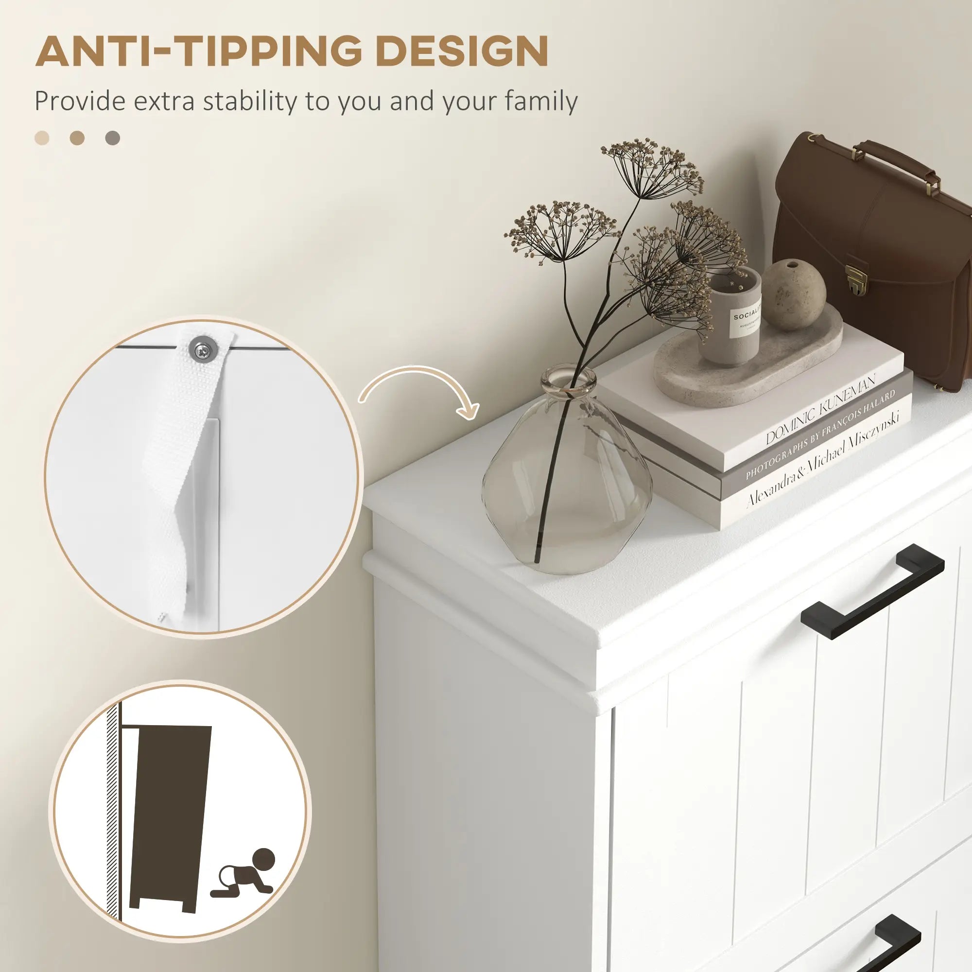 46.25" Narrow Shoe Storage Cabinet with 3 Flip Drawers and Adjustable Shelves
