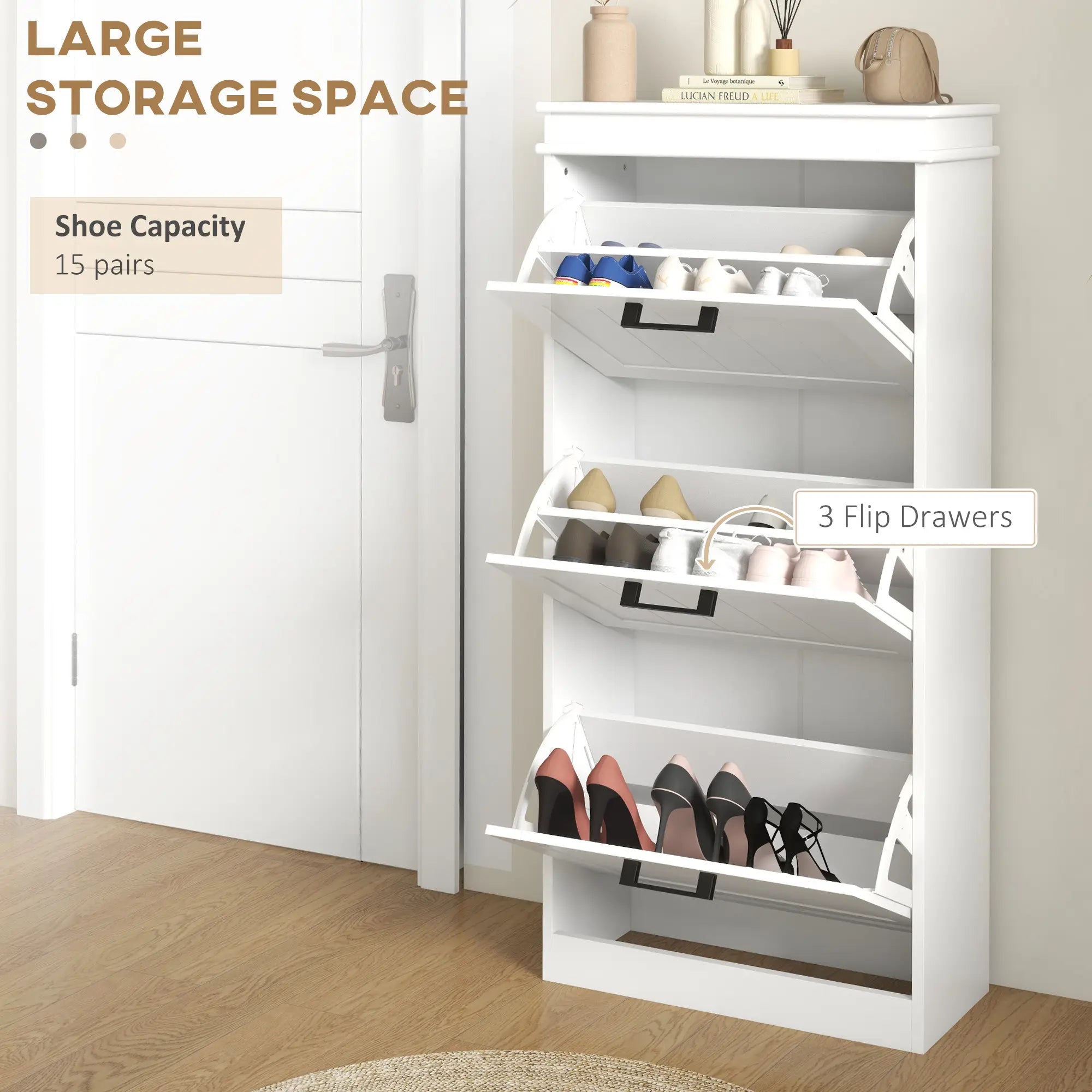 46.25" Narrow Shoe Storage Cabinet with 3 Flip Drawers and Adjustable Shelves