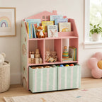 36" House-Shaped Kids Bookcase with Book Display, Open Cubbies and 2 Fabric Drawers