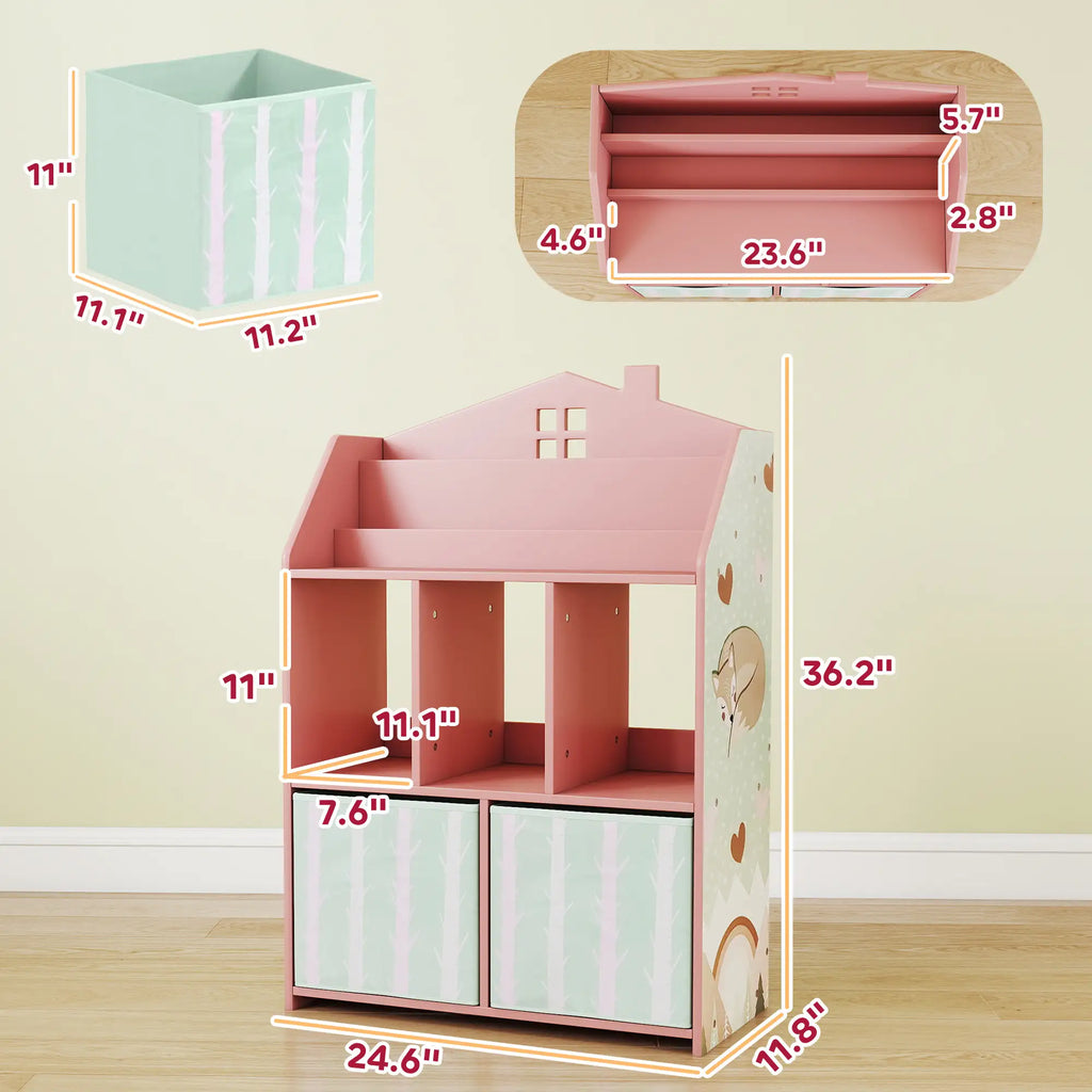 36" House-Shaped Kids Bookcase with Book Display, Open Cubbies and 2 Fabric Drawers