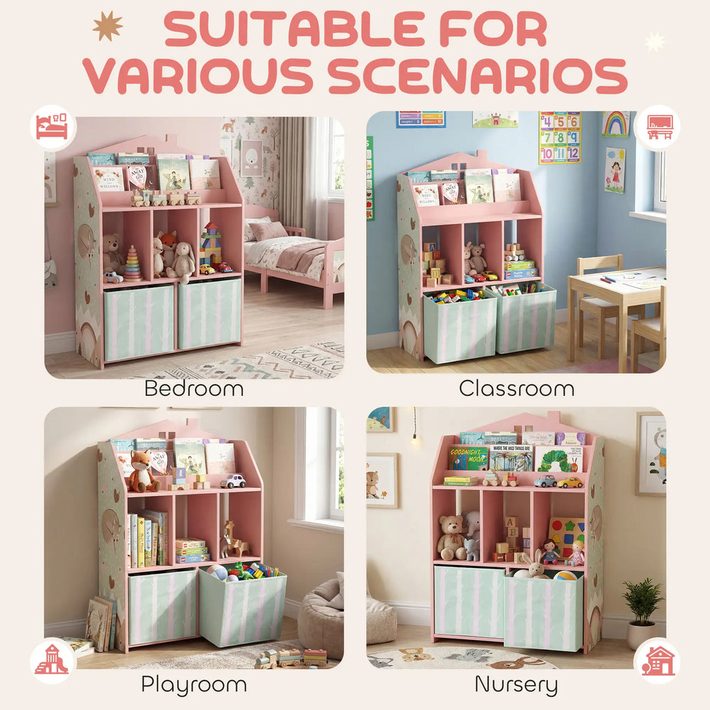 36" House-Shaped Kids Bookcase with Book Display, Open Cubbies and 2 Fabric Drawers