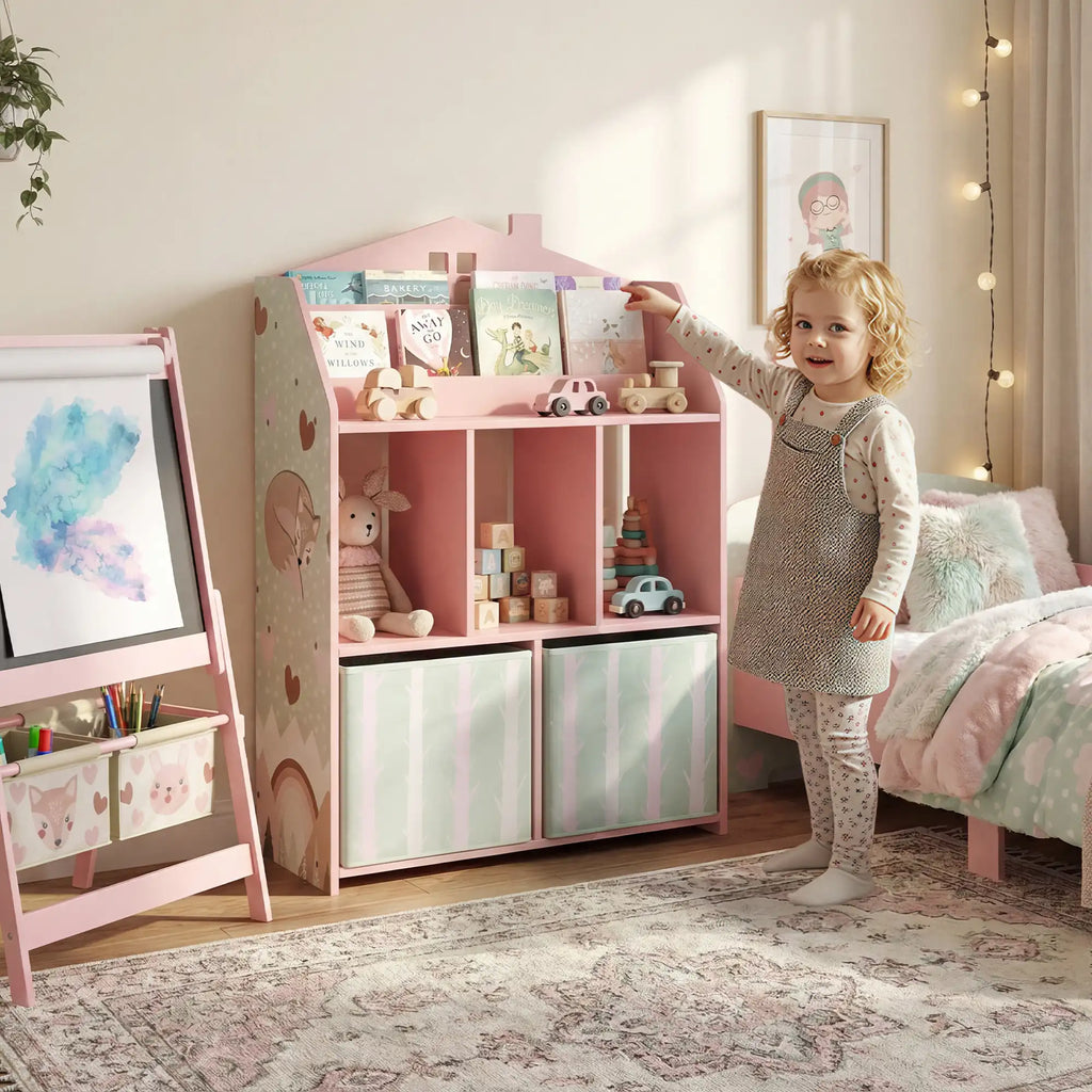 36" House-Shaped Kids Bookcase with Book Display, Open Cubbies and 2 Fabric Drawers