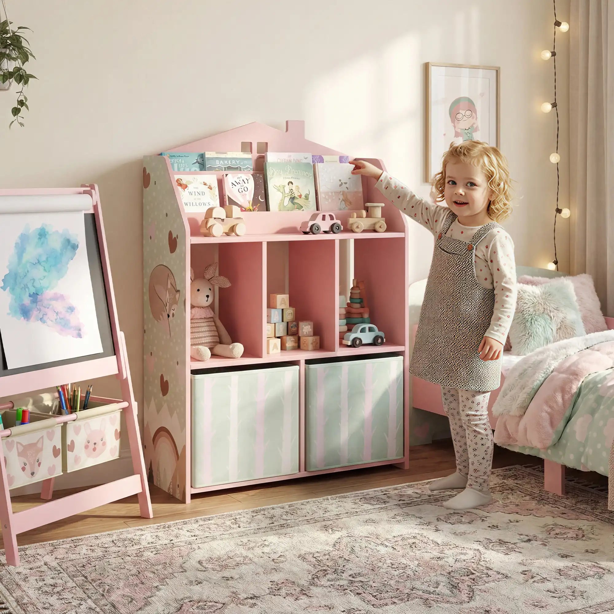 36" House-Shaped Kids Bookcase with Book Display, Open Cubbies and 2 Fabric Drawers