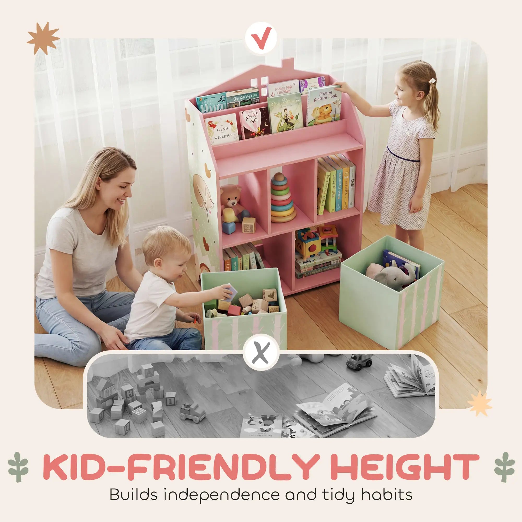 36" House-Shaped Kids Bookcase with Book Display, Open Cubbies and 2 Fabric Drawers