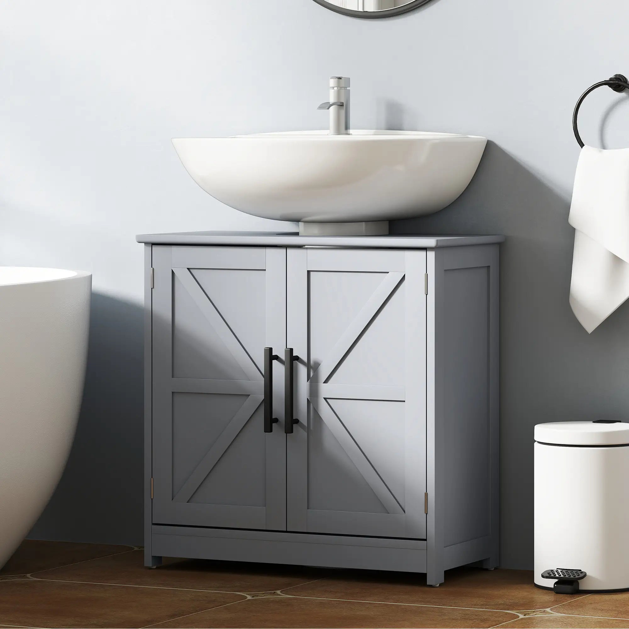 Farmhouse Under-Sink Bathroom Cabinet with Barn Doors and Adjustable Shelf
