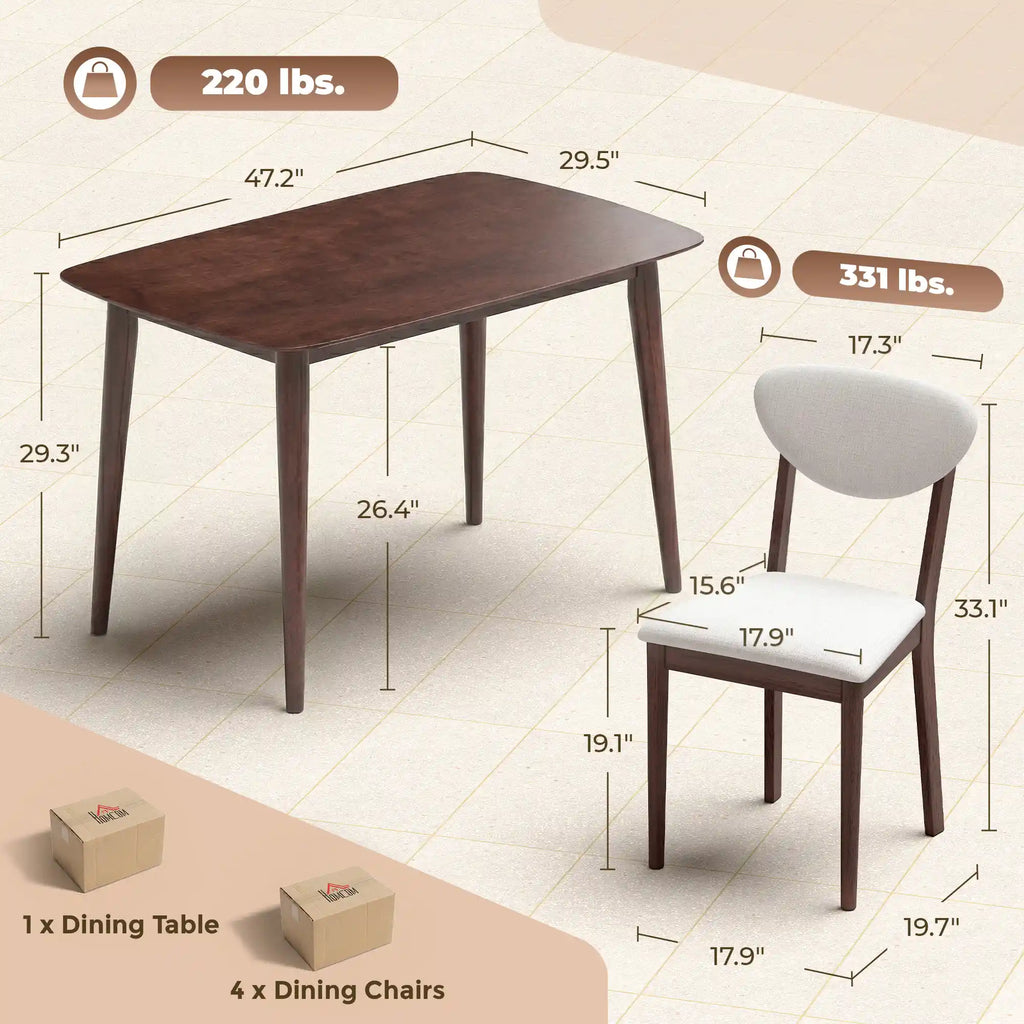 47.2" 5-Piece Mid-Century Dining Set with Upholstered Chairs for 4
