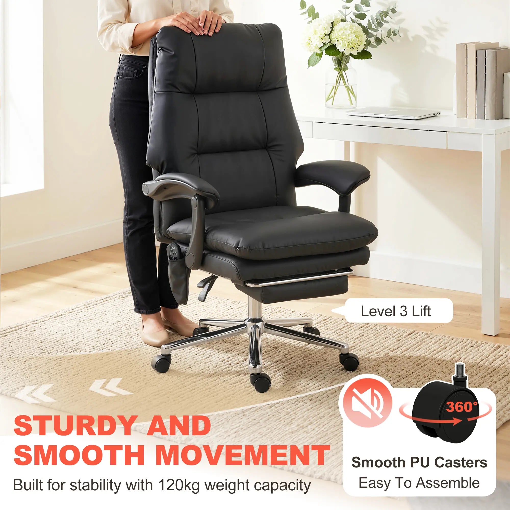 6-Point Massage Executive Office Chair with Reclining Back and Retractable Footrest