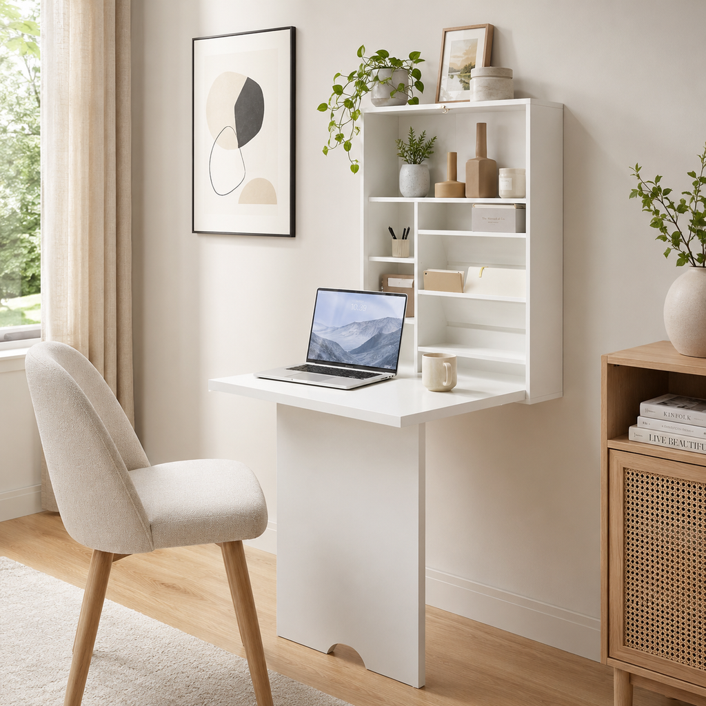 37" Wall-Mounted Fold-Out Floating Desk with Adjustable Storage Shelves