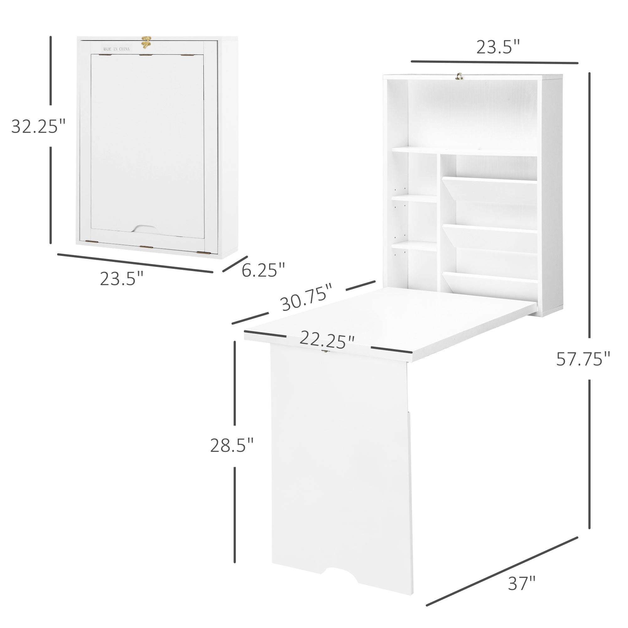 37" Wall-Mounted Fold-Out Floating Desk with Adjustable Storage Shelves