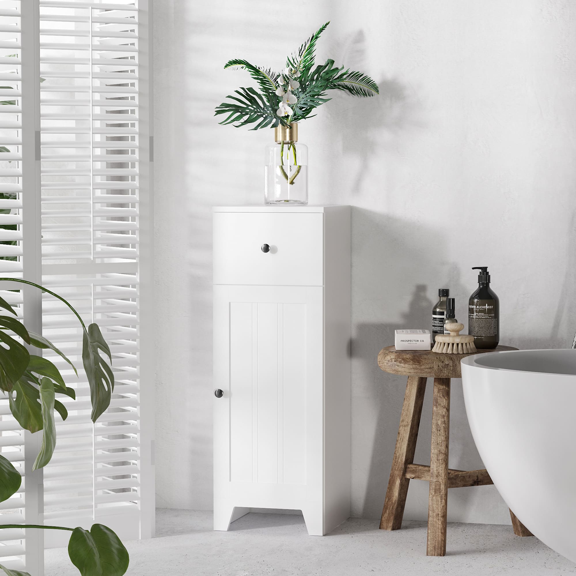 35" Tall Narrow Bathroom Storage Cabinet with Drawer and Adjustable Shelf