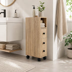27" Narrow Rolling Bathroom Storage Cabinet with Drawer, Door and Open Compartments, Oak
