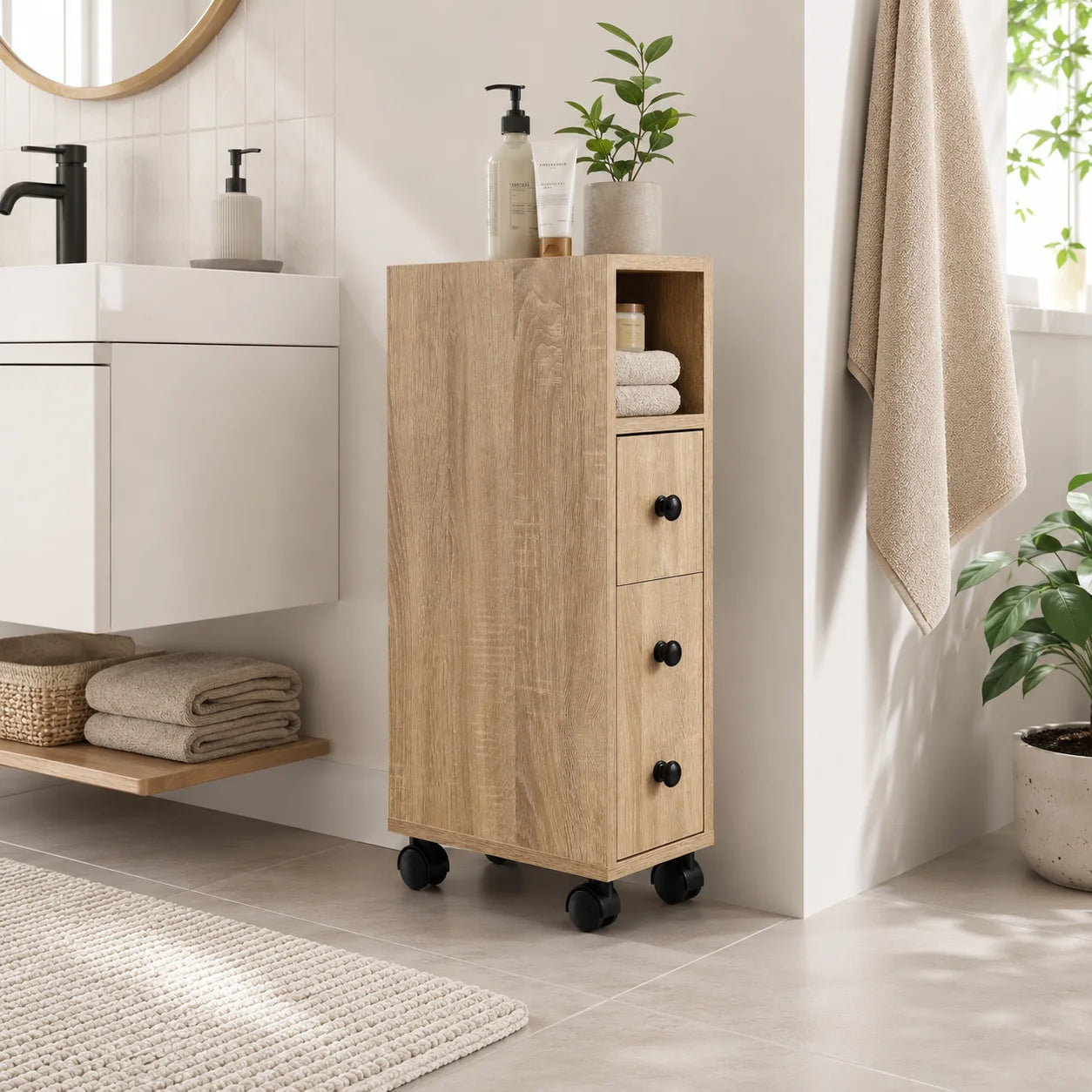 27" Narrow Rolling Bathroom Storage Cabinet with Drawer, Door and Open Compartments, Oak