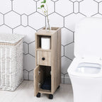 27" Narrow Rolling Bathroom Storage Cabinet with Drawer, Door and Open Compartments, Oak