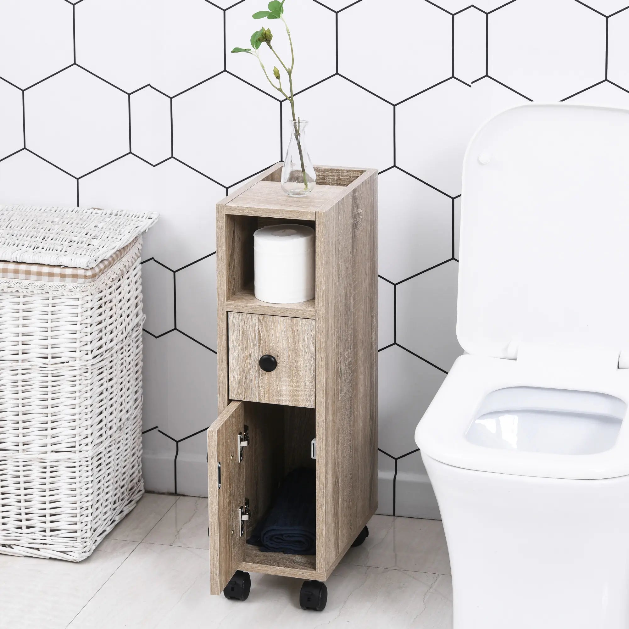 27" Narrow Rolling Bathroom Storage Cabinet with Drawer, Door and Open Compartments, Oak