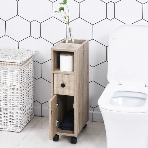 27" Narrow Rolling Bathroom Storage Cabinet with Drawer, Door and Open Compartments, Oak
