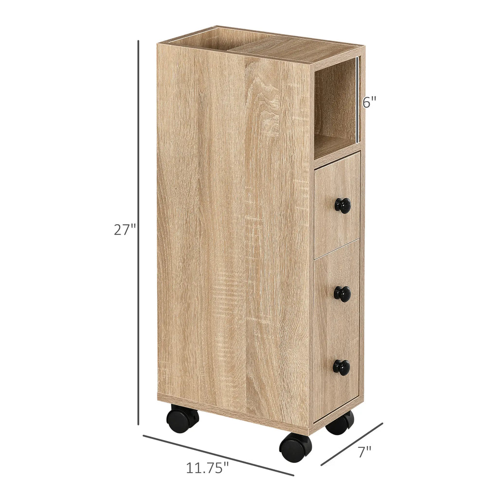 27" Narrow Rolling Bathroom Storage Cabinet with Drawer, Door and Open Compartments, Oak