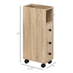 27" Narrow Rolling Bathroom Storage Cabinet with Drawer, Door and Open Compartments, Oak