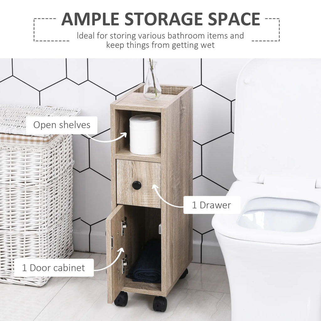 27" Narrow Rolling Bathroom Storage Cabinet with Drawer, Door and Open Compartments, Oak