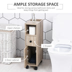 27" Narrow Rolling Bathroom Storage Cabinet with Drawer, Door and Open Compartments, Oak