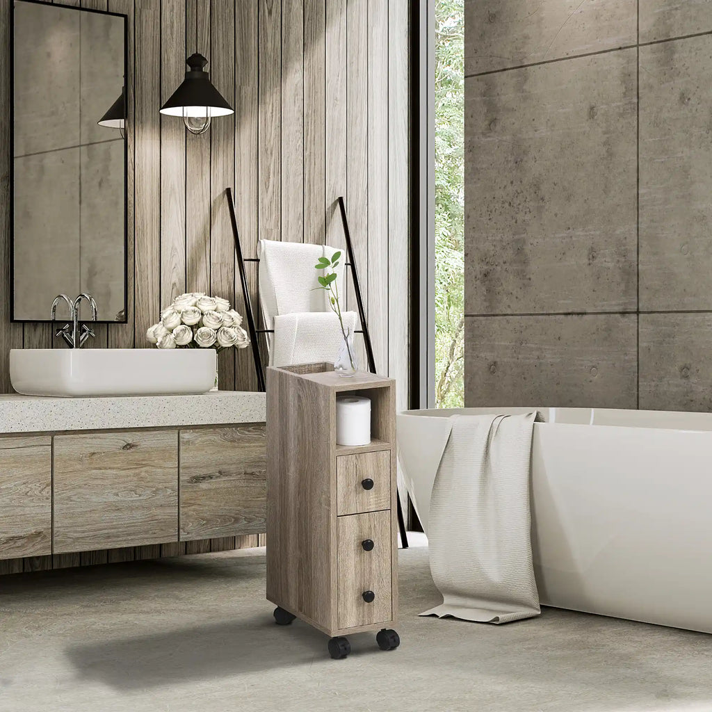 27" Narrow Rolling Bathroom Storage Cabinet with Drawer, Door and Open Compartments, Oak