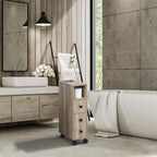 27" Narrow Rolling Bathroom Storage Cabinet with Drawer, Door and Open Compartments, Oak