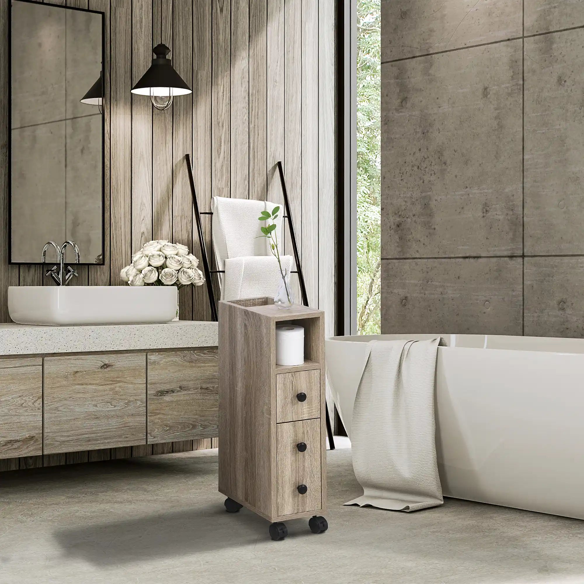 27" Narrow Rolling Bathroom Storage Cabinet with Drawer, Door and Open Compartments, Oak