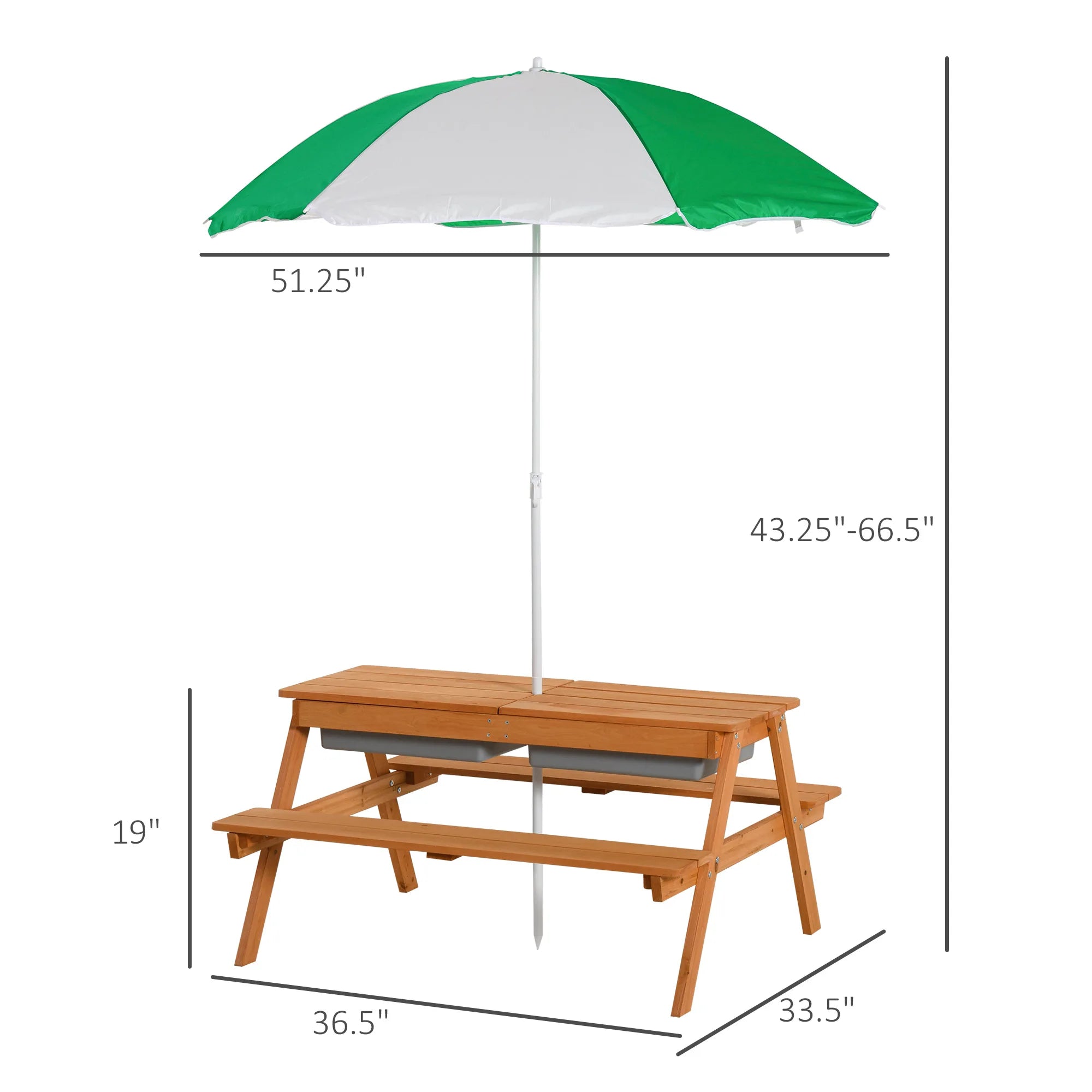 36.5" 3-in-1 Kids Wooden Picnic Table with Sand and Water Bins and Umbrella
