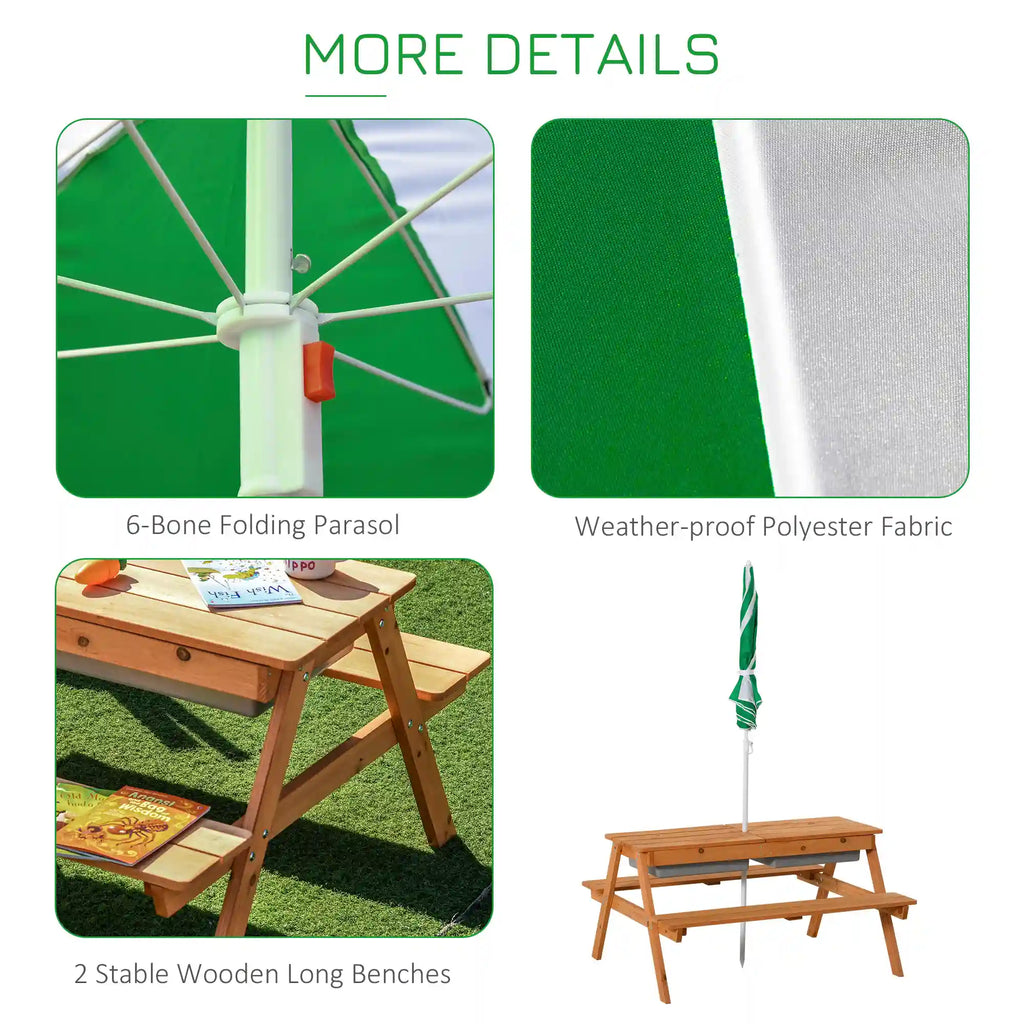 36.5" 3-in-1 Kids Wooden Picnic Table with Sand and Water Bins and Umbrella