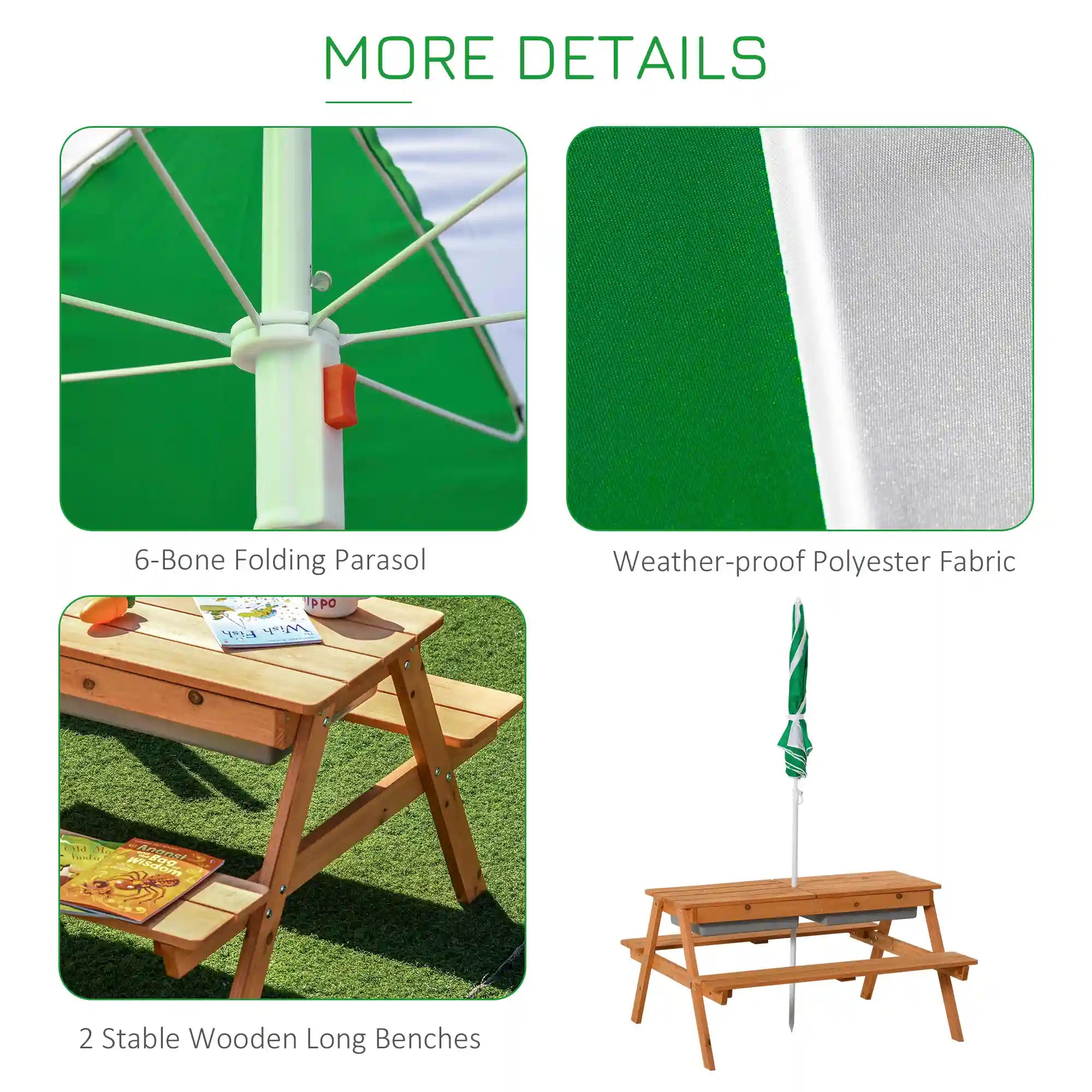 36.5" 3-in-1 Kids Wooden Picnic Table with Sand and Water Bins and Umbrella