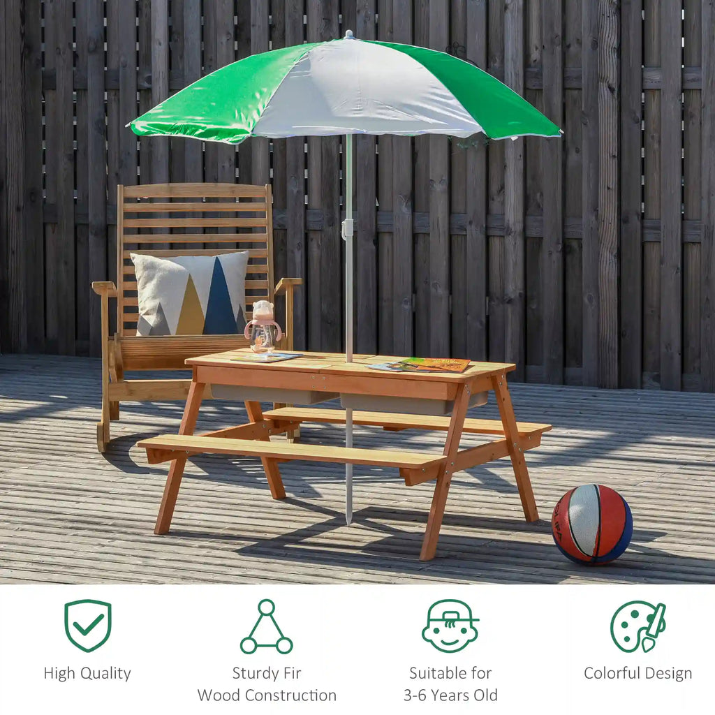 36.5" 3-in-1 Kids Wooden Picnic Table with Sand and Water Bins and Umbrella