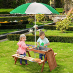 36.5" 3-in-1 Kids Wooden Picnic Table with Sand and Water Bins and Umbrella