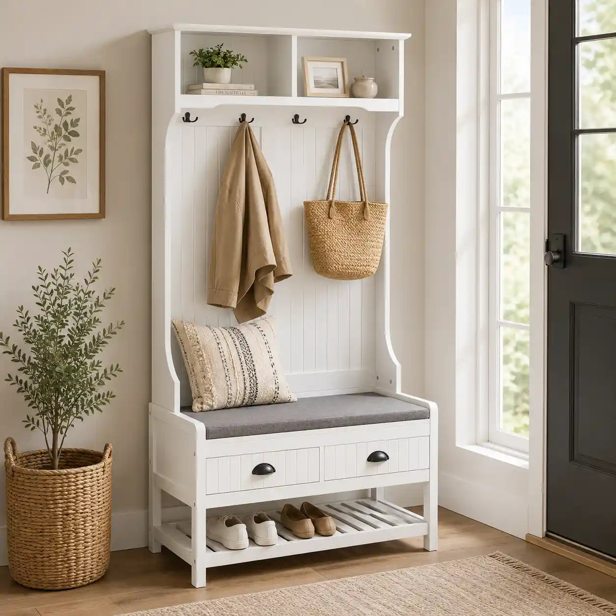 35" 3-in-1 Hall Tree with Padded Storage Bench, 4 Hooks, 2 Drawers and Shoe Rack