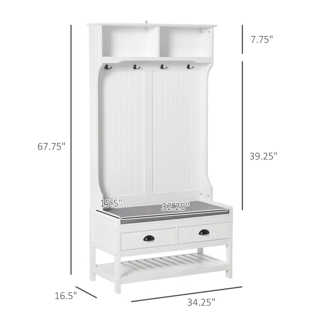 35" 3-in-1 Hall Tree with Padded Storage Bench, 4 Hooks, 2 Drawers and Shoe Rack