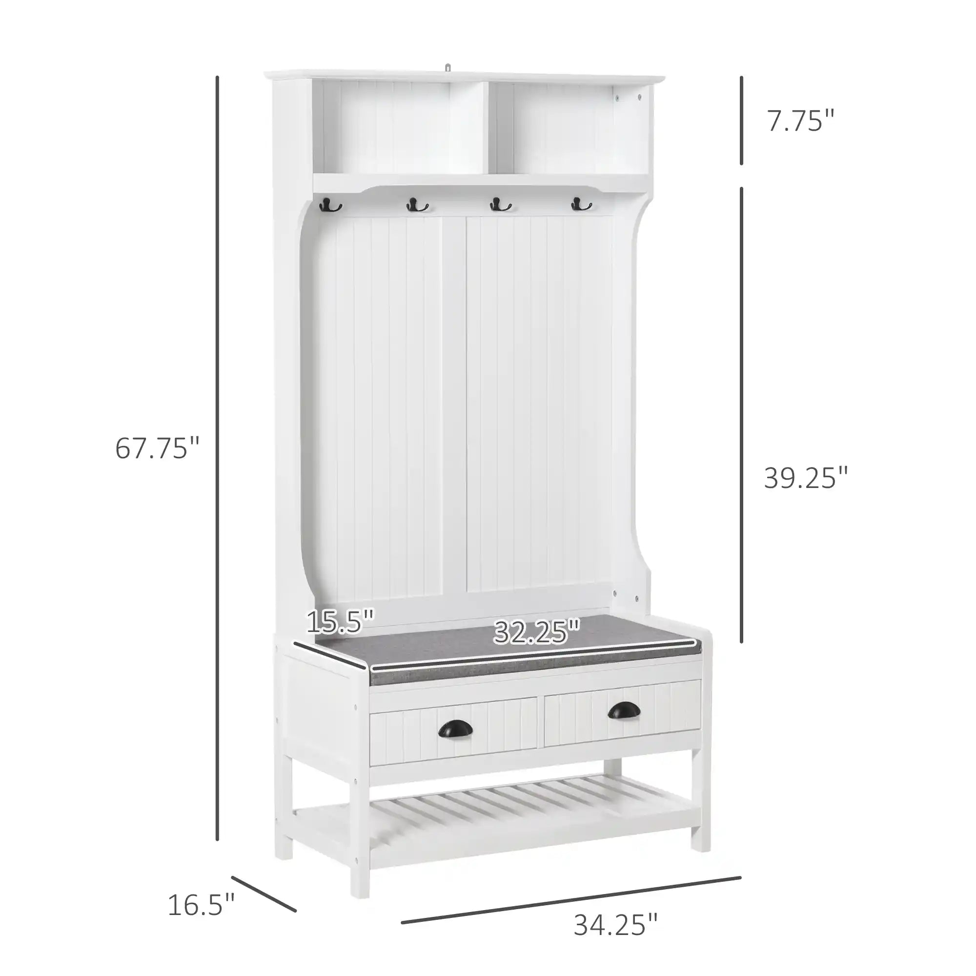 35" 3-in-1 Hall Tree with Padded Storage Bench, 4 Hooks, 2 Drawers and Shoe Rack