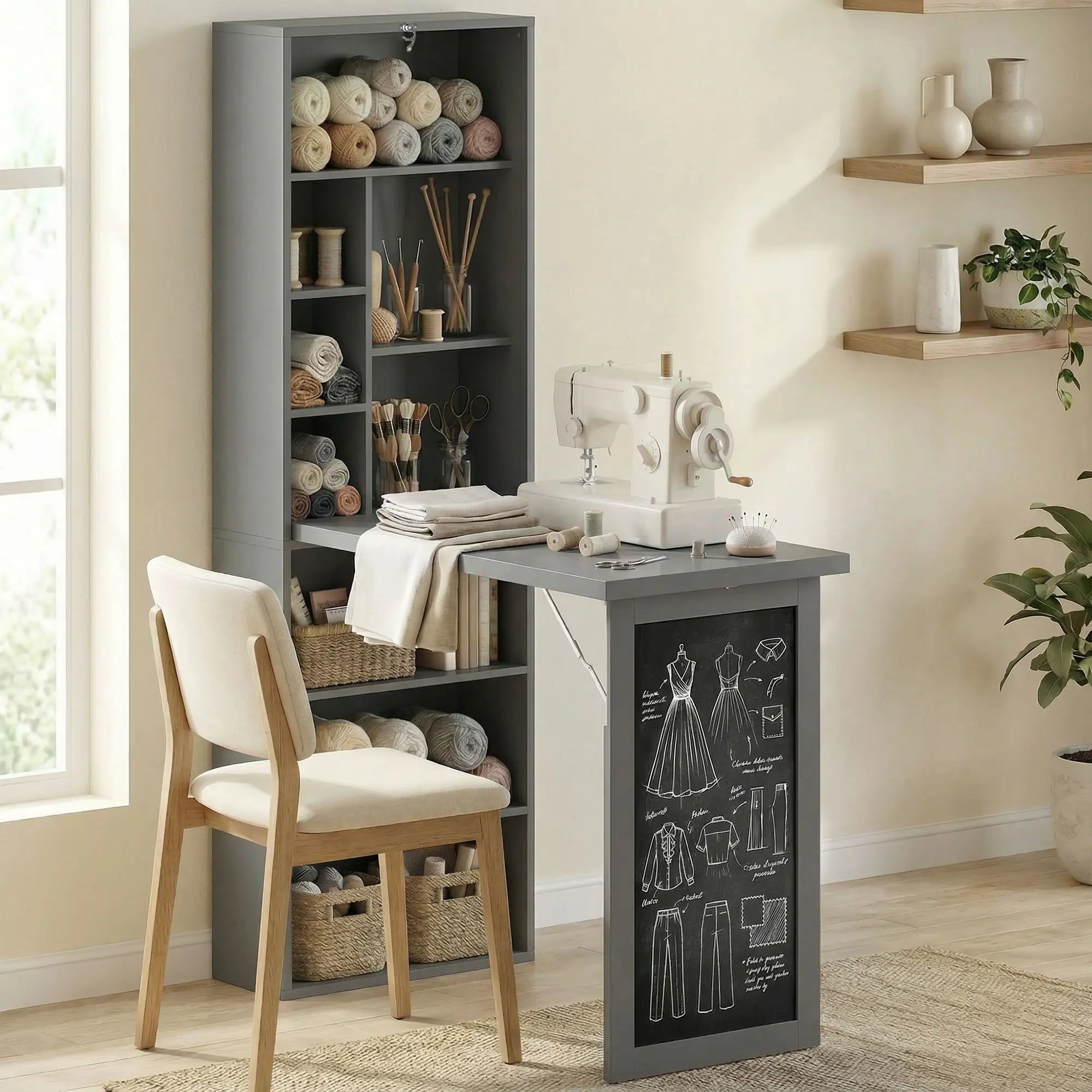 Space-Saving Wall-Mounted Fold-Out Desk with Storage Shelves and Chalkboard