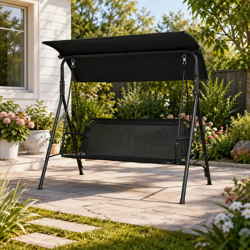 67.75" 3-Person Outdoor Patio Swing with Adjustable Canopy and Cushioned Seat
