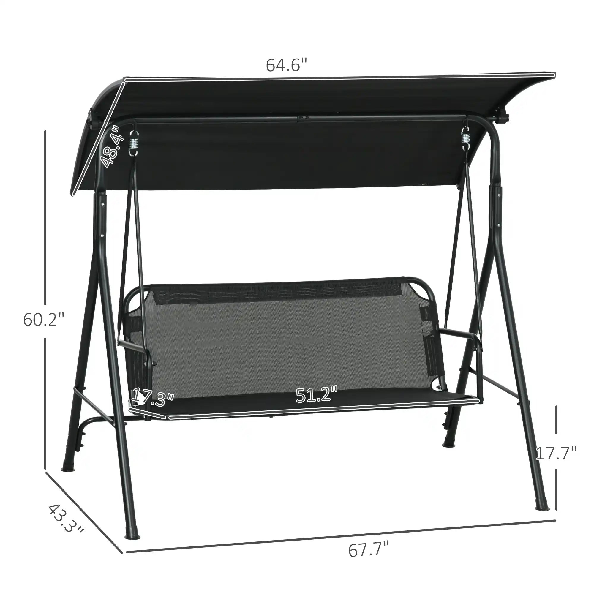 67.75" 3-Person Outdoor Patio Swing with Adjustable Canopy and Cushioned Seat