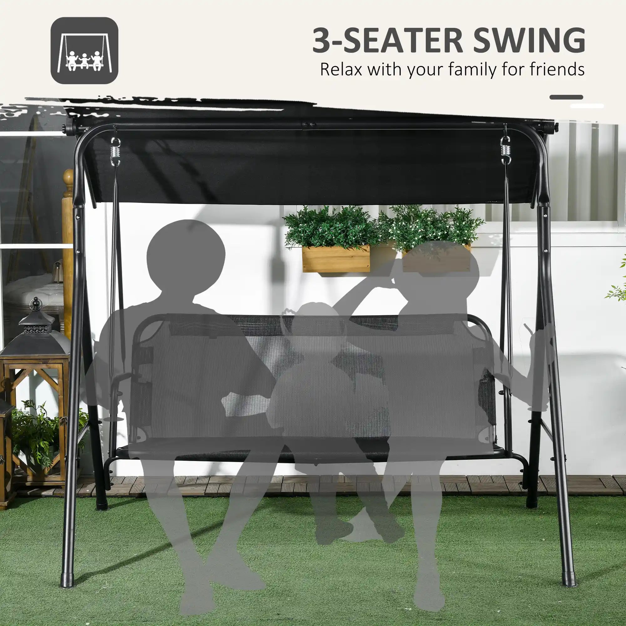 67.75" 3-Person Outdoor Patio Swing with Adjustable Canopy and Cushioned Seat