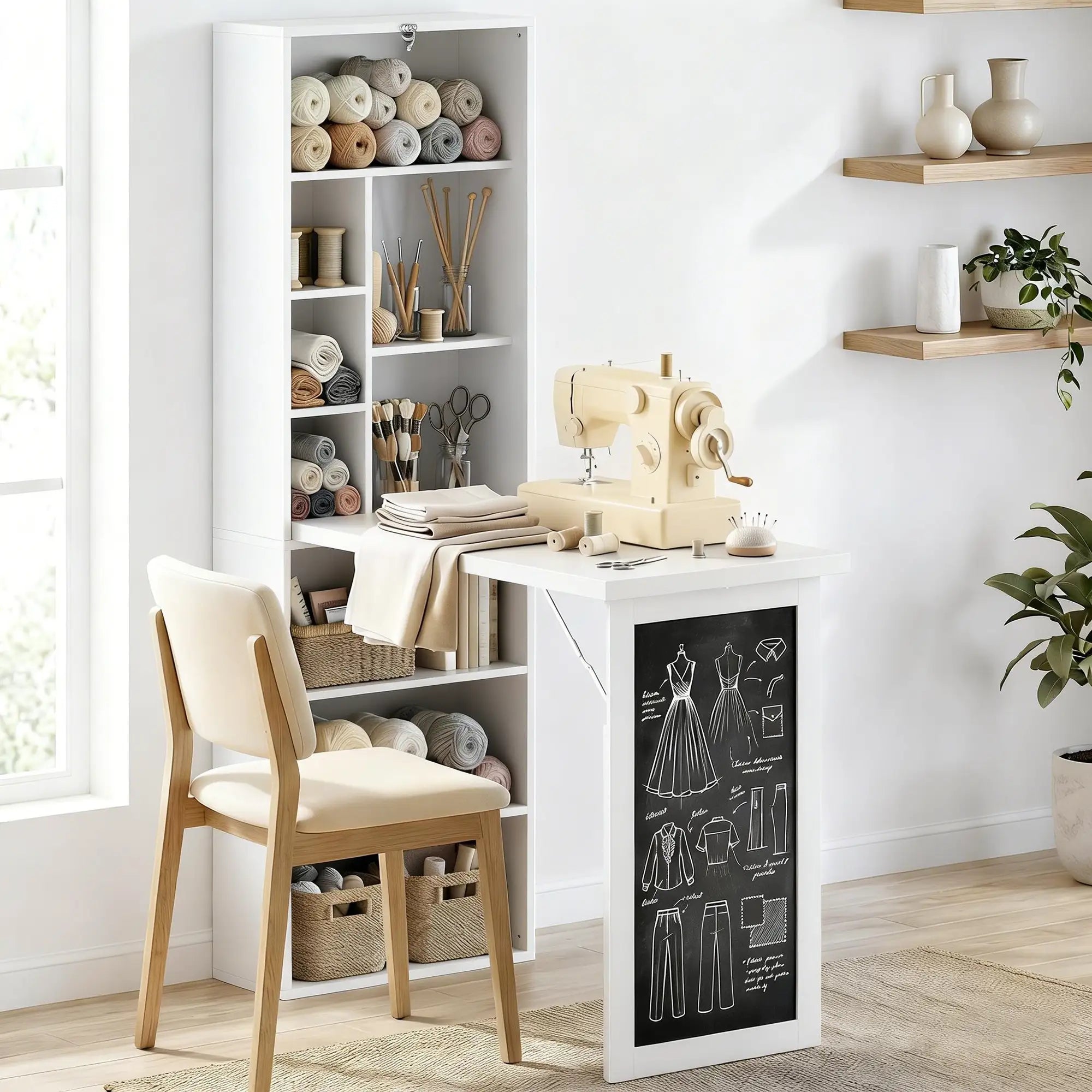 Space-Saving Wall-Mounted Fold-Out Desk with Storage Shelves and Chalkboard