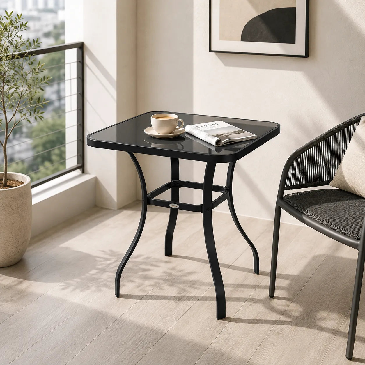 27" Square Tempered Glass Bistro Table with Powder-Coated Steel Frame