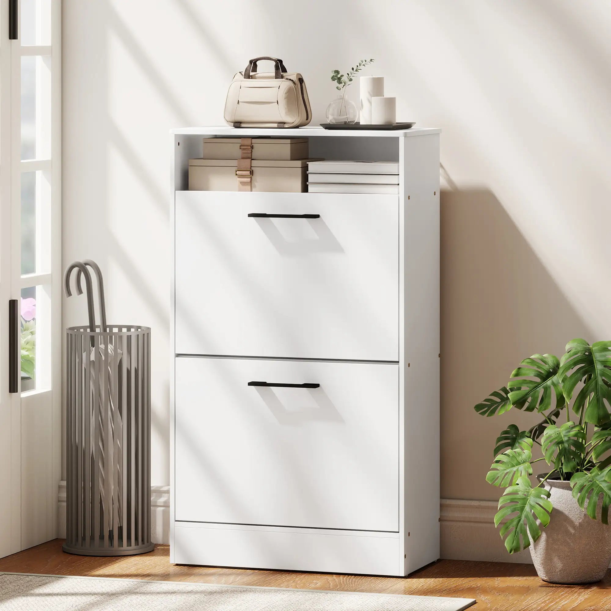 41" Slim Shoe Storage Cabinet with 2 Flip Drawers, Adjustable Dividers and Open Shelf