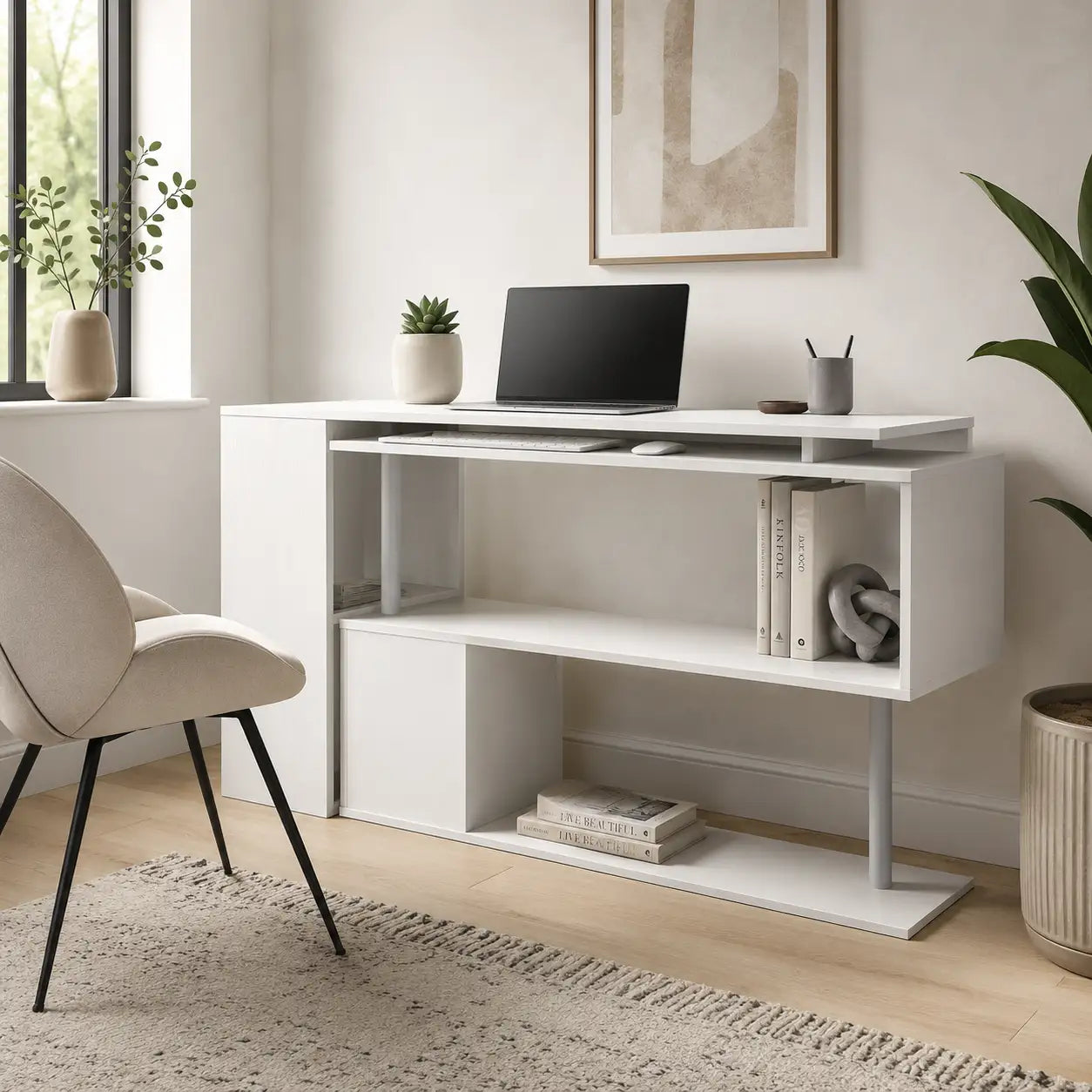 55" 360° Rotating L-Shaped Corner Desk with 3-Tier Storage Shelves