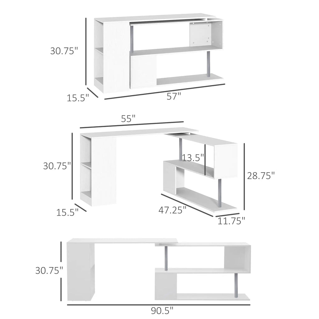 55" 360° Rotating L-Shaped Corner Desk with 3-Tier Storage Shelves
