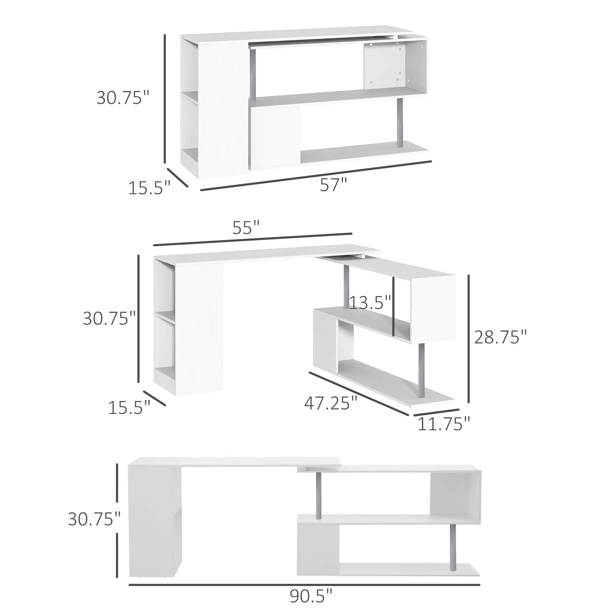 55" 360° Rotating L-Shaped Corner Desk with 3-Tier Storage Shelves