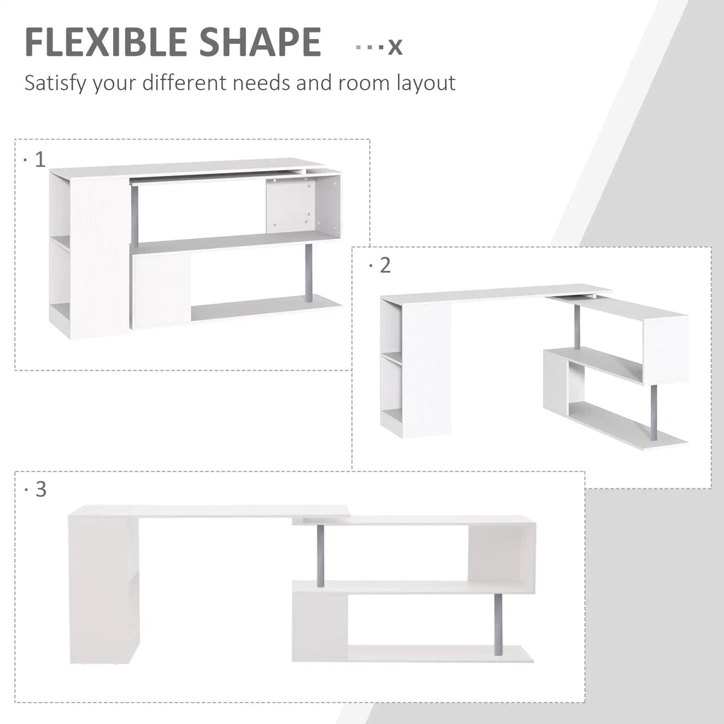 55" 360° Rotating L-Shaped Corner Desk with 3-Tier Storage Shelves