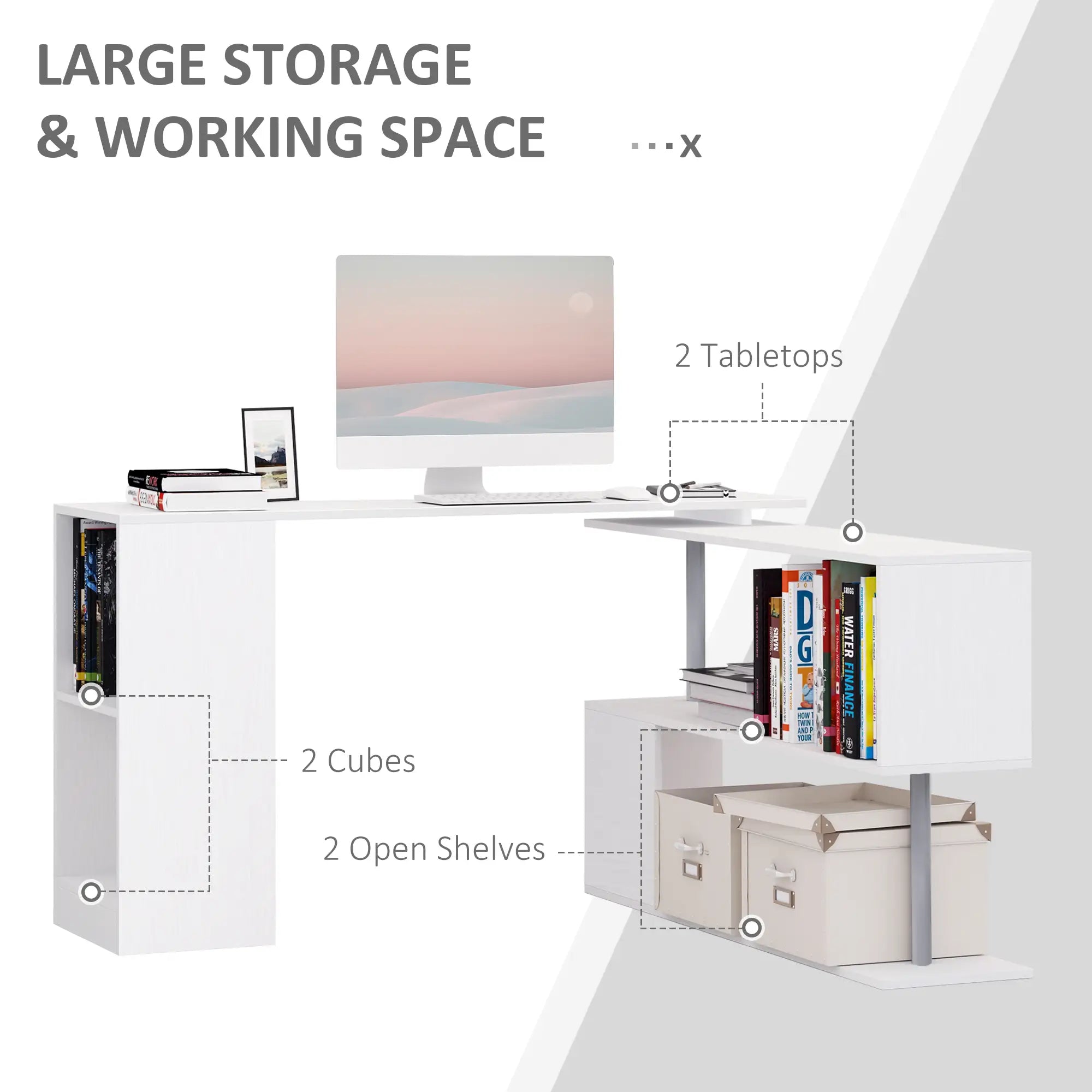 55" 360° Rotating L-Shaped Corner Desk with 3-Tier Storage Shelves