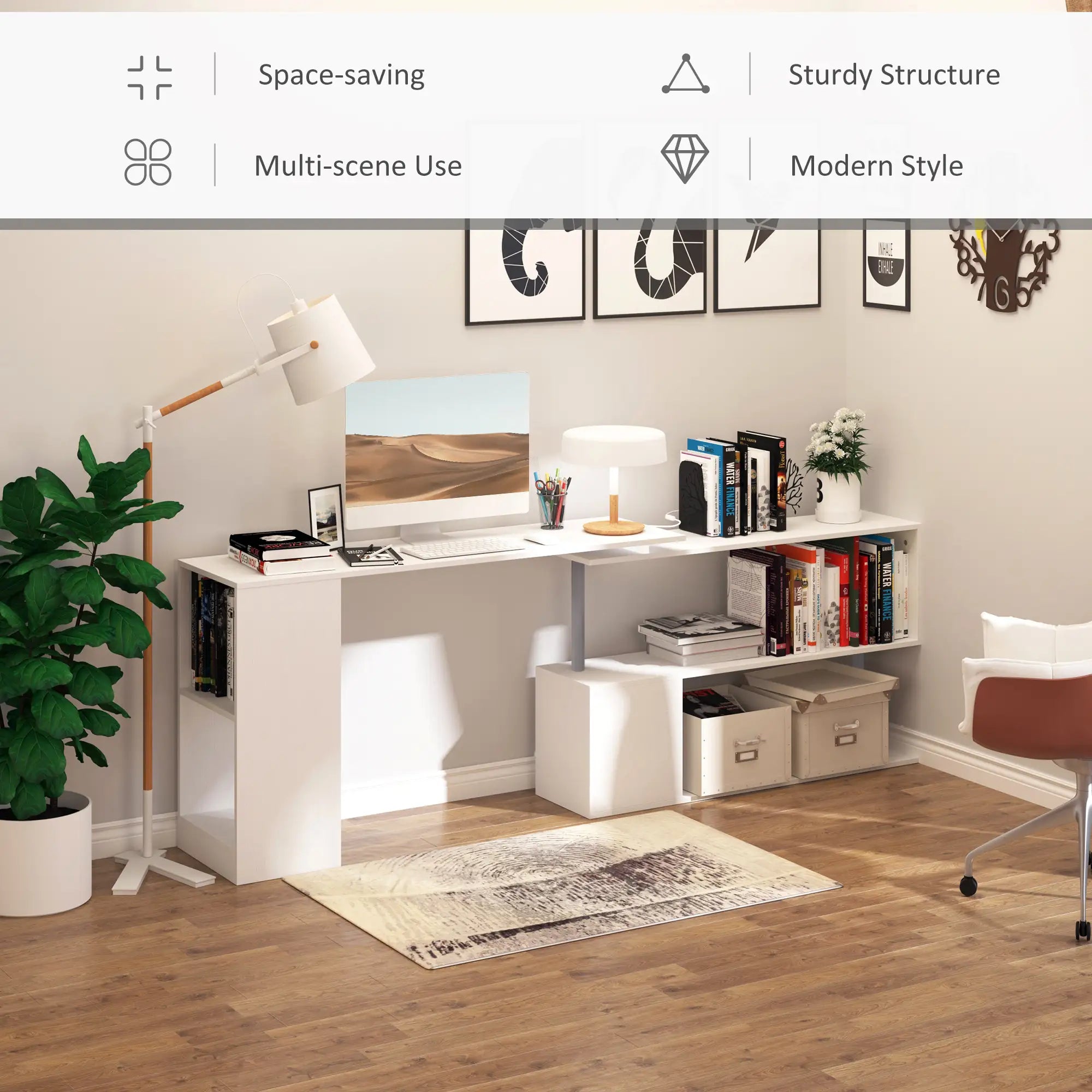55" 360° Rotating L-Shaped Corner Desk with 3-Tier Storage Shelves