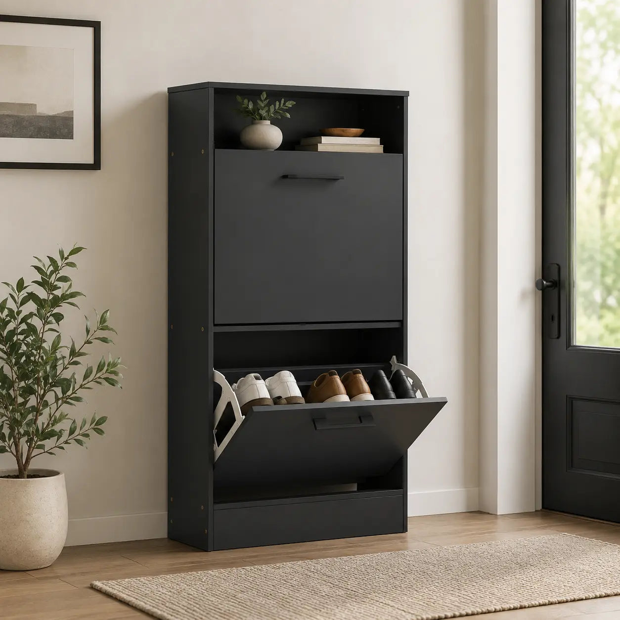 41" Slim Shoe Storage Cabinet with 2 Flip Drawers, Adjustable Dividers and Open Shelf