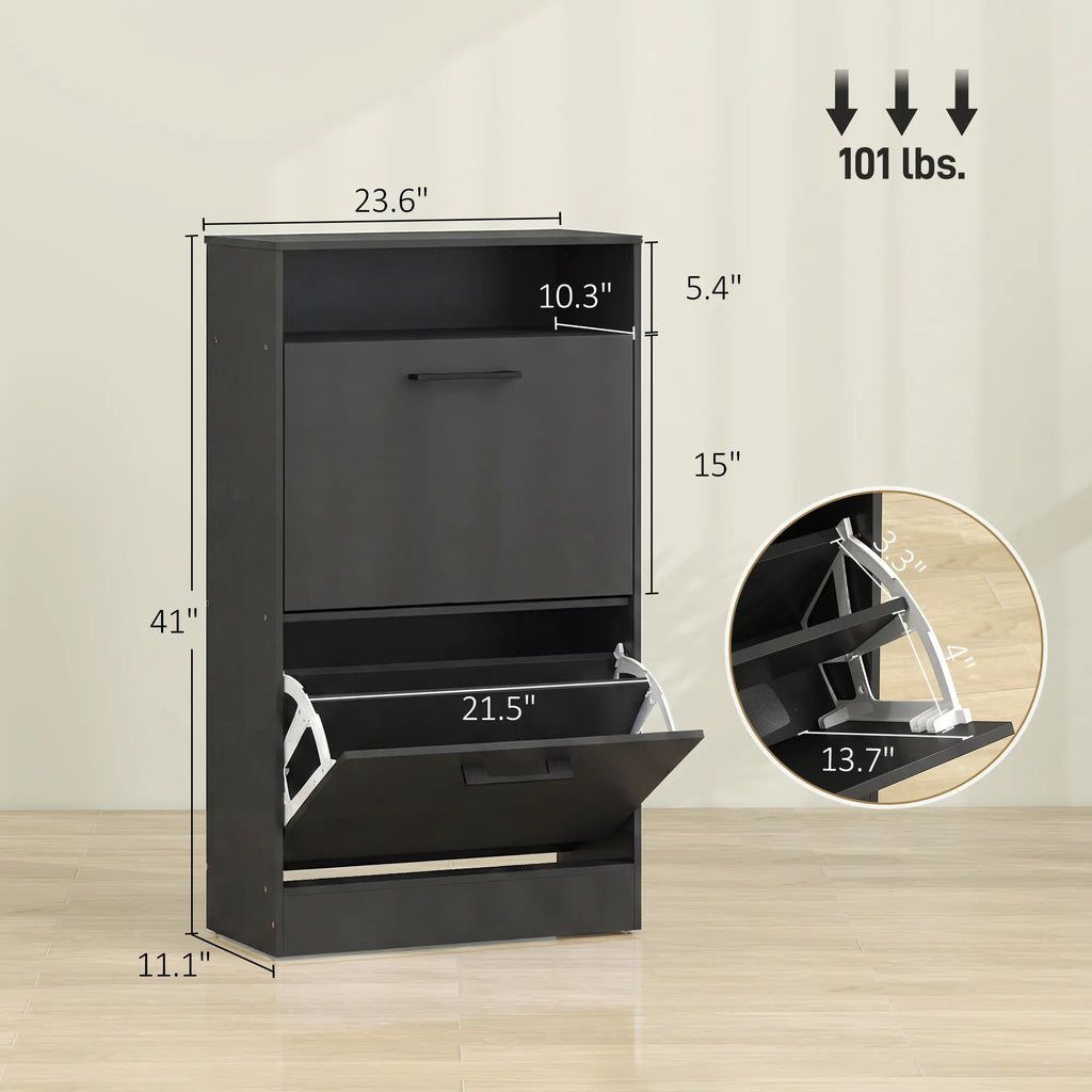 41" Slim Shoe Storage Cabinet with 2 Flip Drawers, Adjustable Dividers and Open Shelf